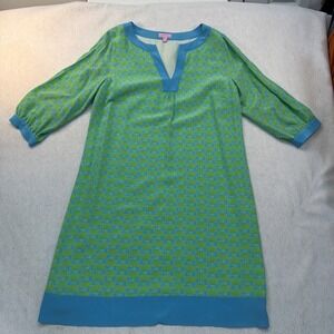 Lilly‎ Pulitzer Silk Shift Dress Womens 14 Green Blue Shell Print 3/4 Sleeve